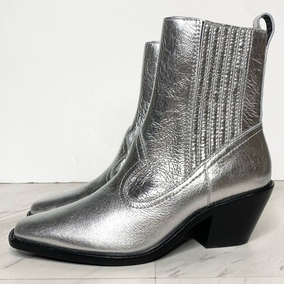 Tory Burch Western Silver Metallic Leather Bootie 5 1/2 M - Picture 1 of 16